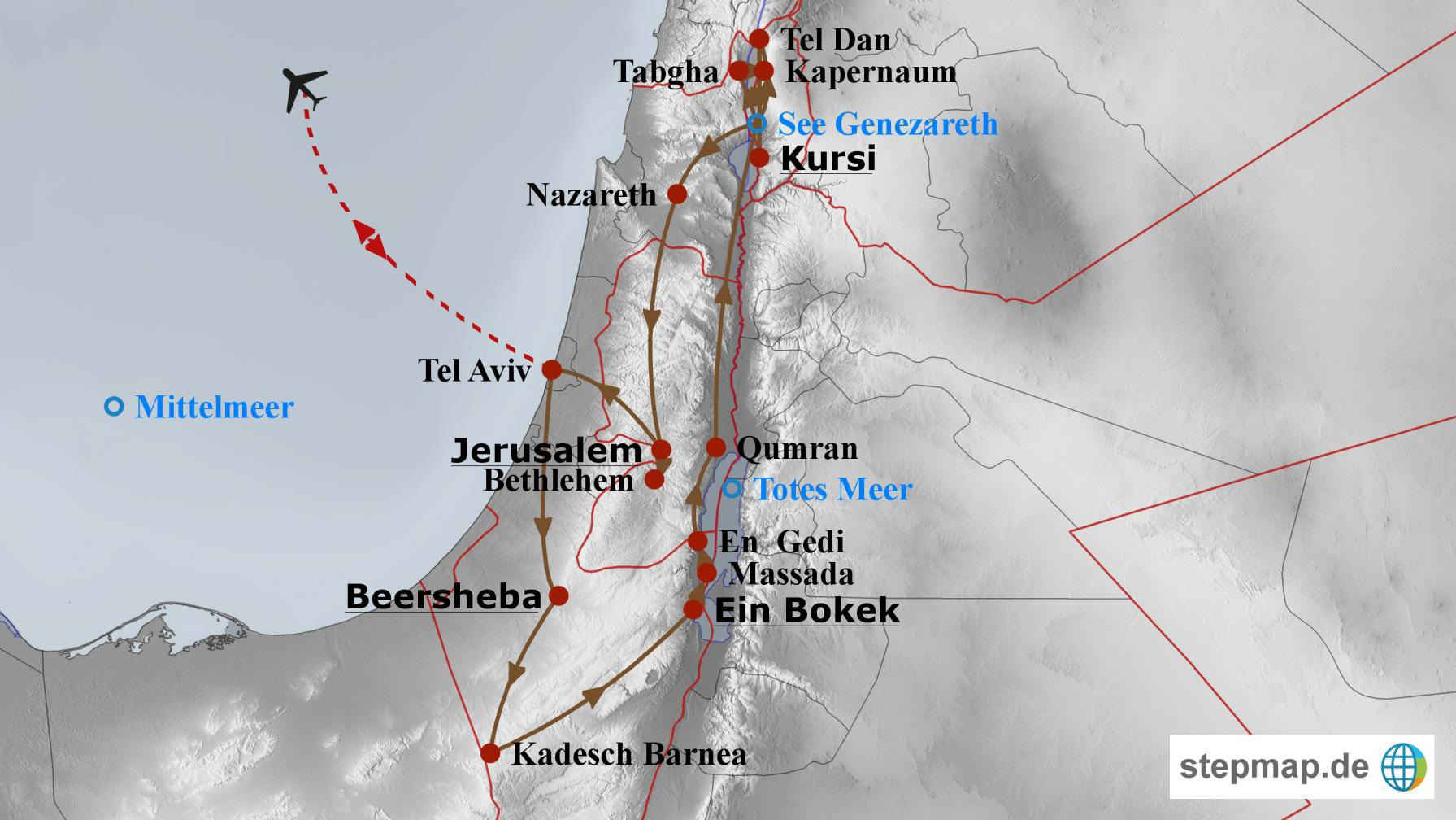 Reiseroute Israel - Auf den Spuren Jesu und der Glaubensväter