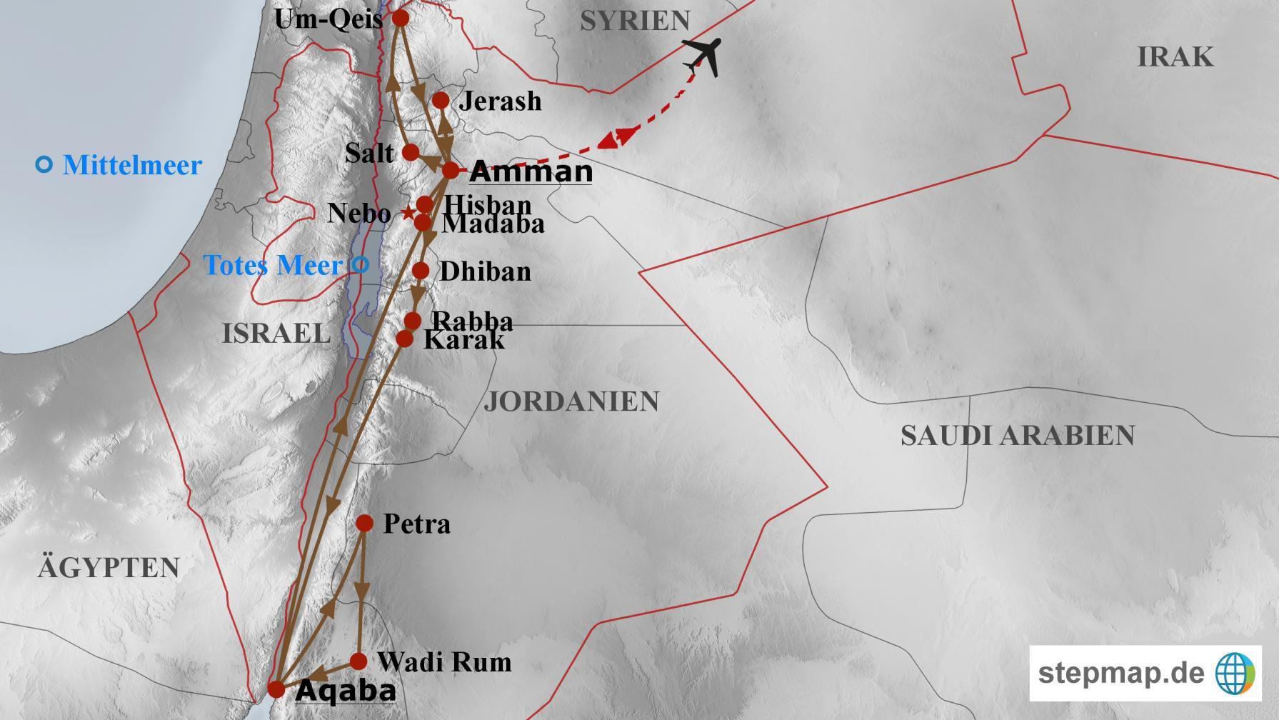 Reiseroute Jordanien - Heiliges Land jenseits des Jordans